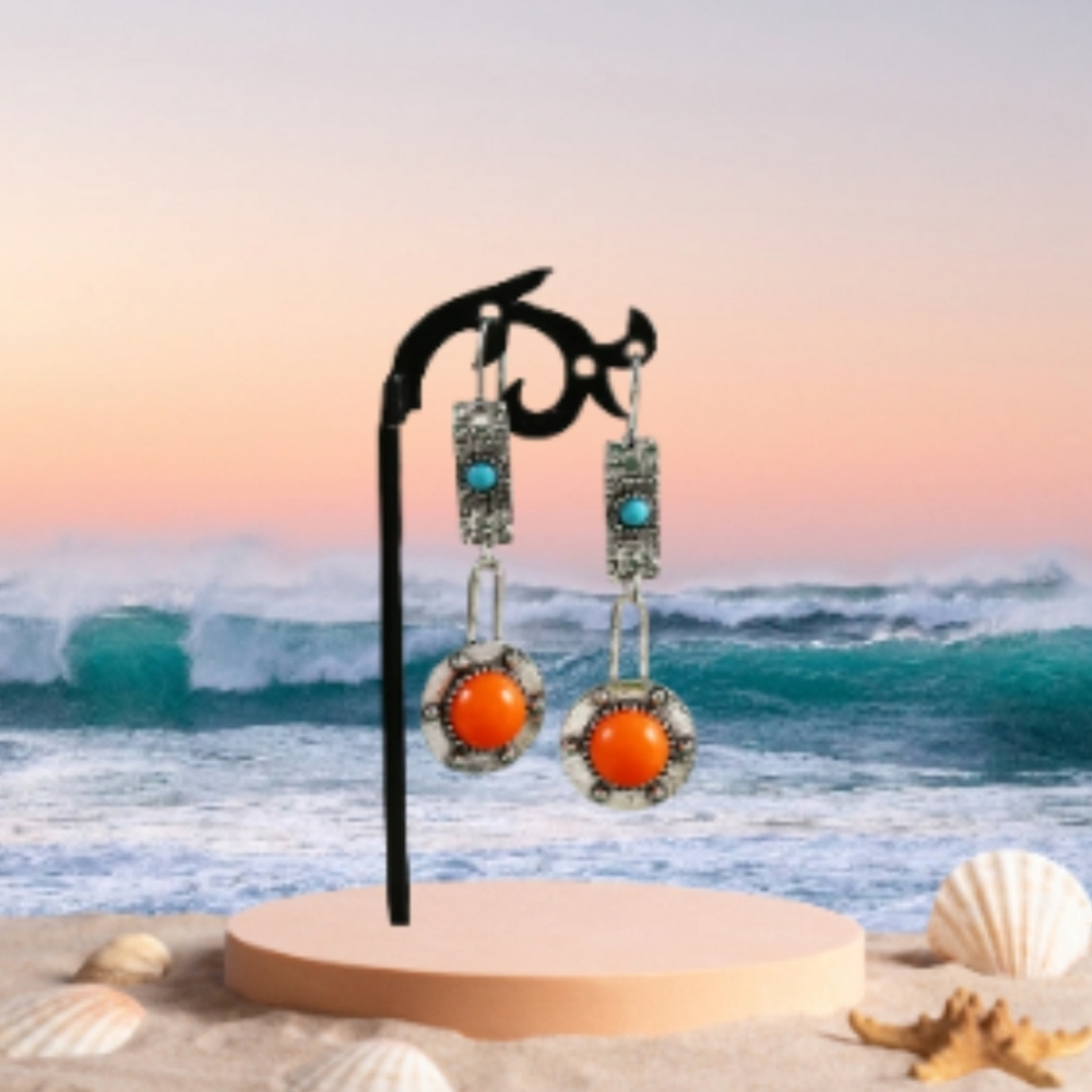 Bohemian Coral Color Drop Earrings Zinc. Vintage Hook Earrings. - Picture 4 of 7